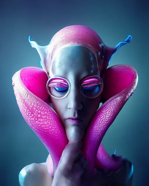 Image similar to natural light, soft focus portrait of a cyberpunk anthropomorphic squid with soft synthetic pink skin, blue bioluminescent plastics, smooth shiny metal, elaborate ornate head piece, piercings, skin textures, by annie leibovitz, paul lehr