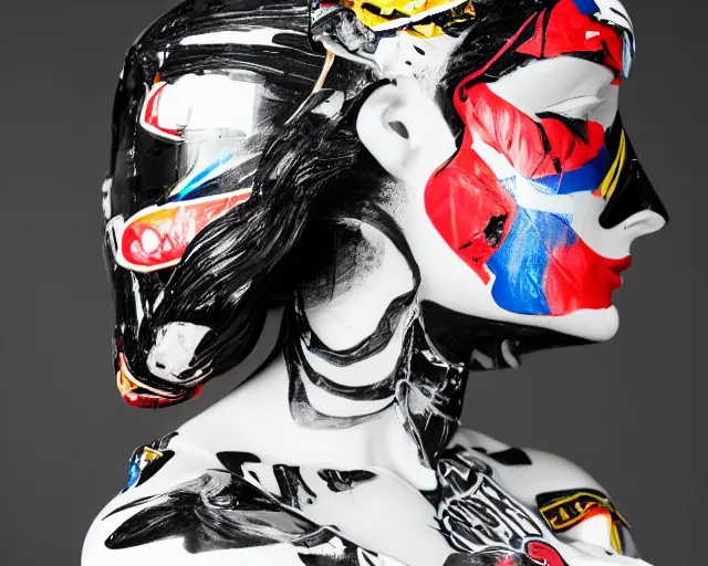 Image similar to extremely beautiful female black marble statue with colorful motocross logos behind her, sharp focus, clear, detailed,, cinematic, detailed, off white, glamourous, symmetrical, vogue, editorial, fashion, magazine shoot, glossy