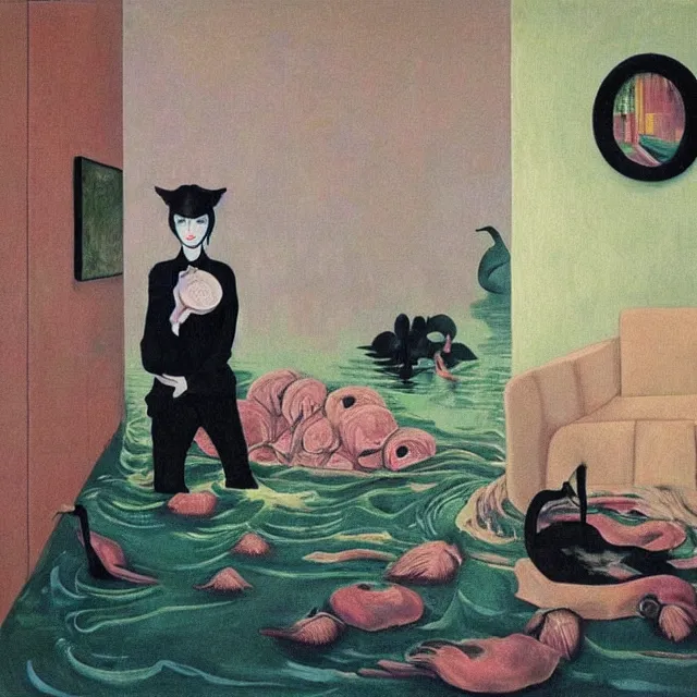 Image similar to tall emo artist in her flooded apartment, painting of flood waters inside an artist's home, a river flooding indoors, pomegranates, pigs, ikebana, zen, water, octopus, river, rapids, waterfall, black swans, canoe, berries, acrylic on canvas, surrealist, by magritte and monet