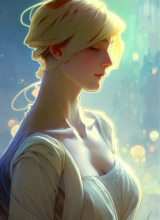 Image similar to digital character concept art by artgerm and greg rutkowski and alphonse mucha. clear portrait of a shy modern wife blessed by god to grow immaculately fertile and perfect!! blonde, in clothes! holy body! light effect. hyper detailed, glowing lights!! intricate, elegant, digital painting, artstation, smooth, sharp focus