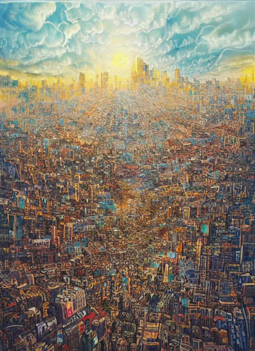 Image similar to a beautiful painting by oliver vernon of a glitched city behind clouds, realistic colors