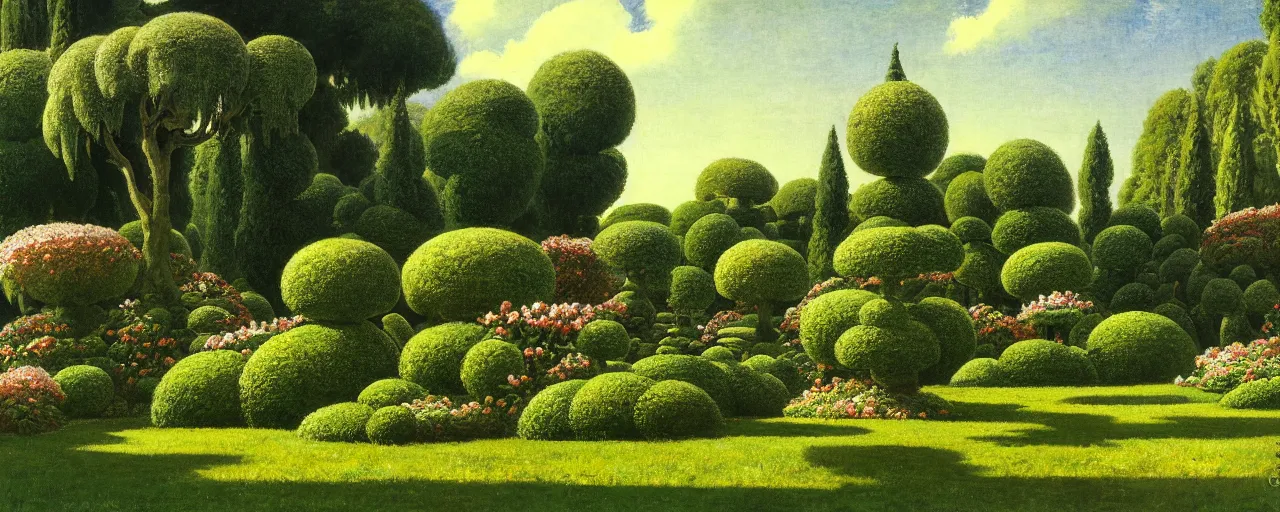 Image similar to ghibli illustrated background of a topiary garden by eugene von guerard, ivan shishkin, john singer sargent