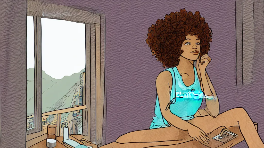 Image similar to black girl, curly hair, with headphones, studyng in bedroom, window with rio de janeiro view, lo-fi illustration style, digital art, alive colors