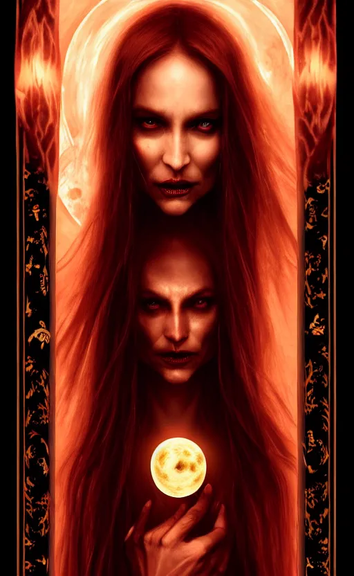 Image similar to epic professional digital tarot card of 🧛🏼🌛, ambient lighting, painted, gorgeous, stunning, symmetrical, impressive, leesha hannigan, van herpen, best on artstation, cgsociety, wlop, pixiv, stunning, gorgeous, much wow, cinematic, masterpiece