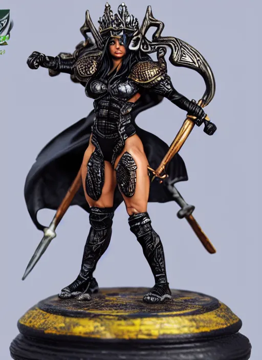 Prompt: 80mm resin detailed miniature of a Very Muscular Queen, angry, black skin, long cloak, bikini-armor, iron crown, Shaved Skinhead, on textured disc base, Company logo in upper left corner; Miniature product Photo, 4K, Full body