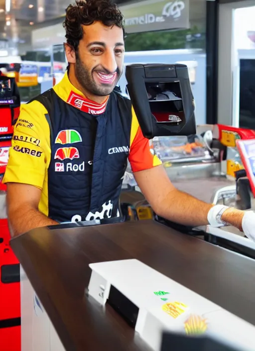 Image similar to photo of f 1 driver, daniel ricciardo, working as a cashier at mcdonalds