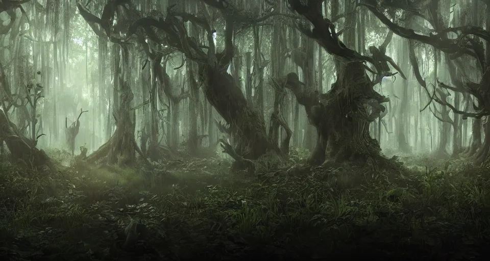 Prompt: A dense and dark enchanted forest with a swamp, by CGSociety