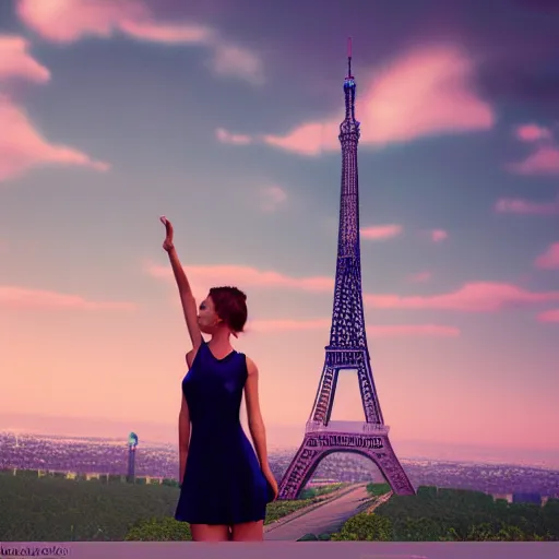 Image similar to A young beautiful giantess wearing a sundress standing near the Eifel tower, beautiful lighting,digital art , highly detailed , high contrast, beautiful lighting, award winning , trending on art station, 8k, photorealistic,unreal engine 5