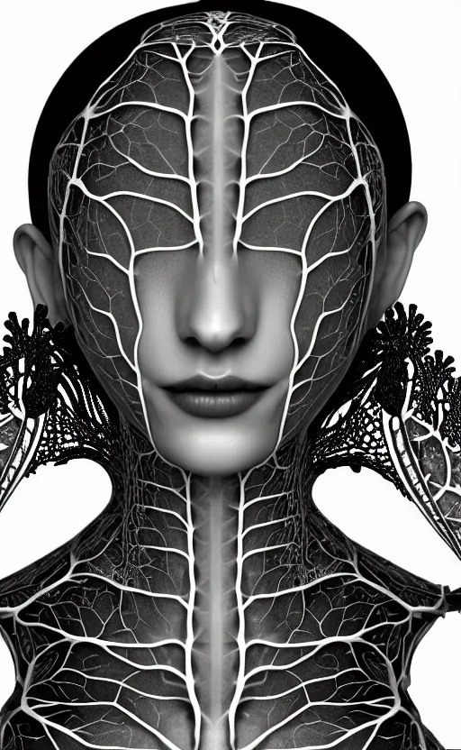 Image similar to a black and white 3D render of a beautiful profile face portrait of a female vegetal-dragon-cyborg, 150 mm, orchid stems, ivy, fine vegetal lace, Mandelbrot fractal, anatomical, flesh, facial muscles, microchip, veins, arteries, full frame, microscopic, elegant, highly detailed, flesh ornate, elegant, high fashion, rim light, octane render in the style of H.R. Giger