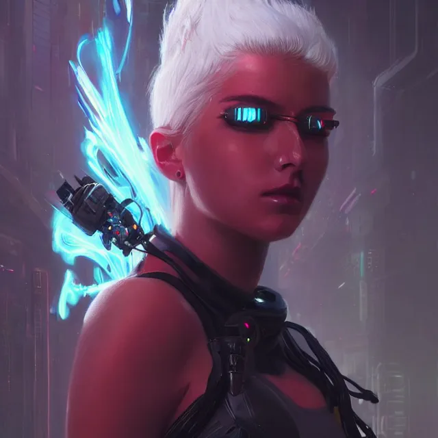 Prompt: A beautiful painting of a cyberpunk space jocky, girl with white hair fire red eyes sensual stare, Trending on artstation. augmentations and cybernetic enhancements neon circuits, greg rutkowski , hyperrealist, cinema4D, 8k highly detailed ❤️‍🔥 🔥 💀 🤖 🚀