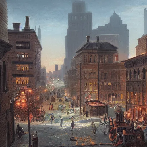 Image similar to beautiful color painting of a cityscape of an 1 8 0 0 s busy city, highly detailed, trending on artstation