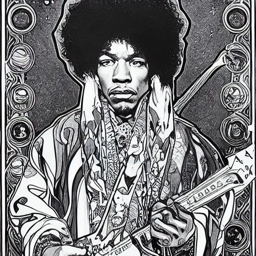 Prompt: artwork by Franklin Booth and Alphonse Mucha showing a portrait of Jimi Hendrix as a futuristic space shaman