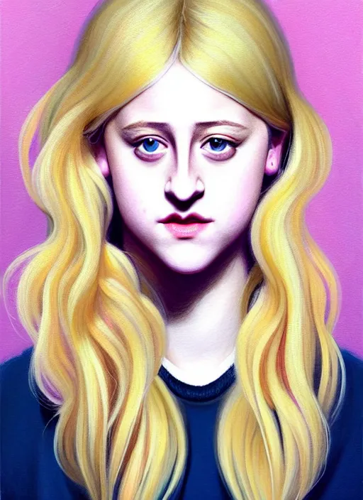 Image similar to full body portrait, teenage lili reinhart, blonde hair, obese, bangs, ponytail, sultry, realistic, sweater, fluffy bangs, fully clothed, curly bangs, fat, belly, intricate, elegant, highly detailed, digital painting, artstation, concept art, smooth, sharp focus, illustration, art by wlop, mars ravelo and greg rutkowski