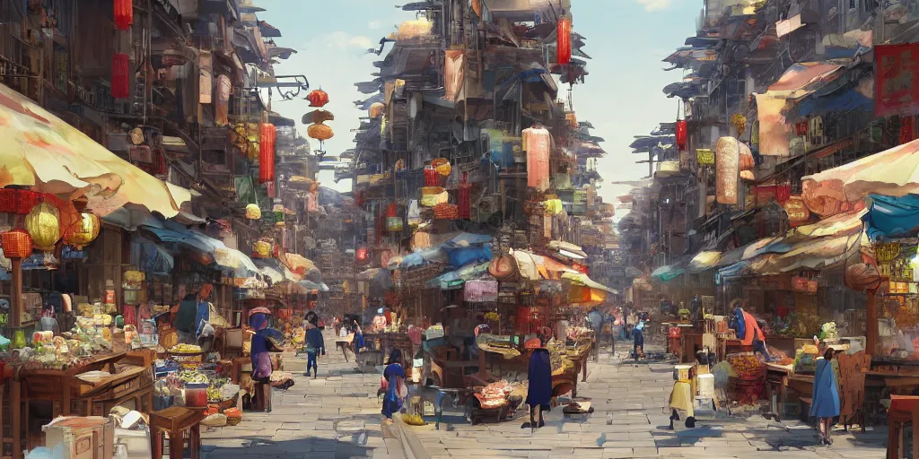 Image similar to Concept art by Makoto Shinkai of a lively, full of life market with merchants spread along an alley full with human activities, Chinese old city, Chinese shophouses, vivid, sunny.