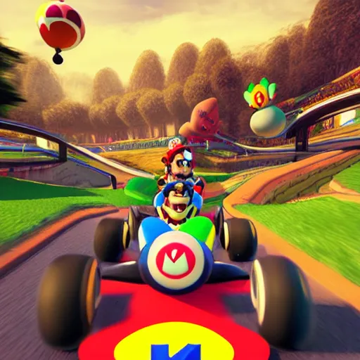 Image similar to Mario Kart in real life, photorealistic,photography,8k,HD,ultrarealistic,hyperdetalied,ArtStation,