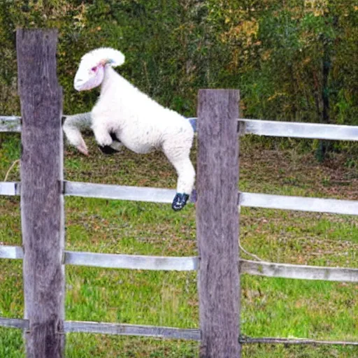 Prompt: Electric Sheep, leaping over a fence.