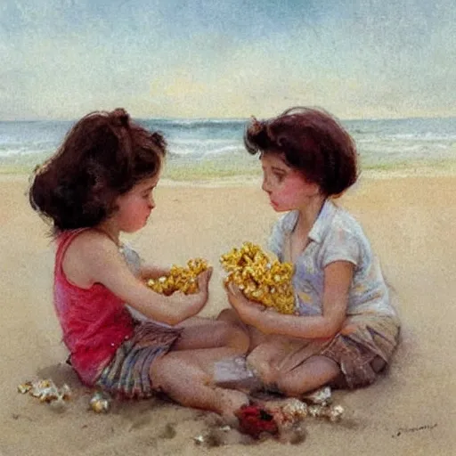 Image similar to (((((1950s girls eating popcorn at the beach . muted colors.))))) by Jean-Baptiste Monge !!!!!!!!!!!!!!!!!!!!!!!!!!!