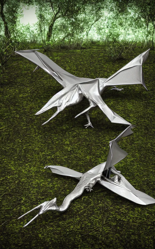 Prompt: metallic platinum pterodactyl lying in a swamp, moss and mud, photography, 3d render visualization