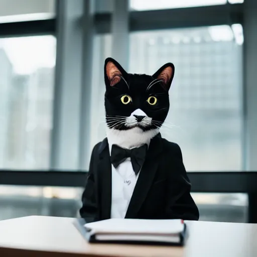Prompt: Suit Cat in a Suit with smug face and in a Business Suit with his paws on the table is discussing about politics, 40nm lens, shallow depth of field, split lighting, 4k,