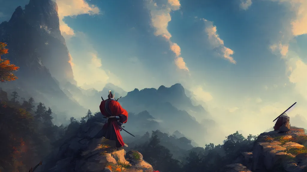 Image similar to samurai resting on a mountain top, cool hazy sky, by sylvain sarrailh, rossdraws, ambient light, ultra detailed, fantasy artwork, 8 k, volumetric lighting, trending on artstation, award winning, very beautiful.