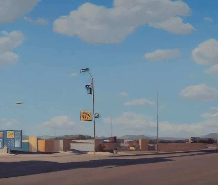 Image similar to a very detailed painting of one billboard which has written do aliens exist? on it, baby blue sky with very aesthetic stylized clouds, in the style of edward hopper, very small brushstrokes, 4 k,