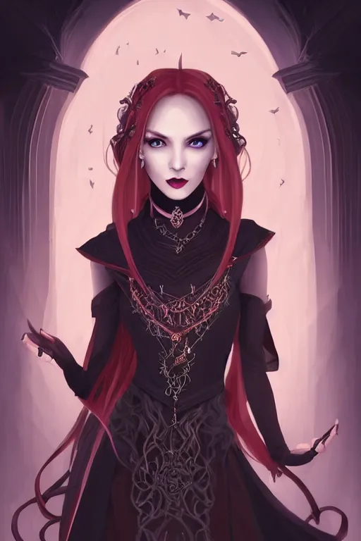 Image similar to portrait of a gorgeous female warlock, looking at camera, D&D, choker on neck, stylish dark dress, arcane symbols, mouth slightly open, very long flowing hair, intricate, elegant, stylish, cute slightly nerdy smile, fantasy, extremely detailed, digital painting, artstation, concept art, smooth, sharp focus, illustration, stunning lighting, art by artgerm and greg rutkowski and alphonse mucha and simon stalenhag