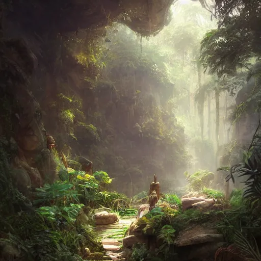 Prompt: concept art of a jungle path with a huge overgrown stone statues, religious, in the style of fenghua zhong and ruan jia and jeremy lipking and peter mohrbacher, mystical colors, rim light, beautiful lighting, 8 k, stunning scene, raytracing, octane, trending on artstation