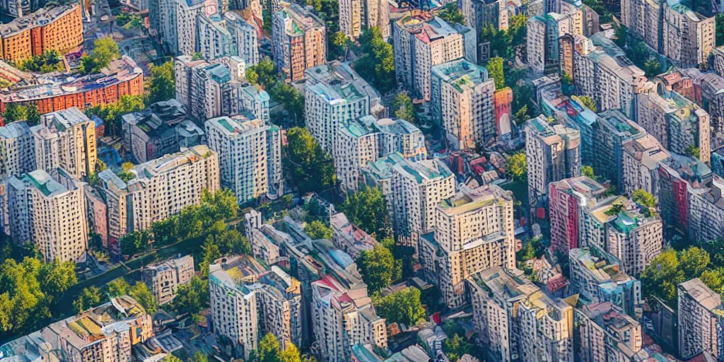 Image similar to bird's eye view photograph of a low income highrise geometric Russian city, apartments, train station, avenues. Square with a statue of leader