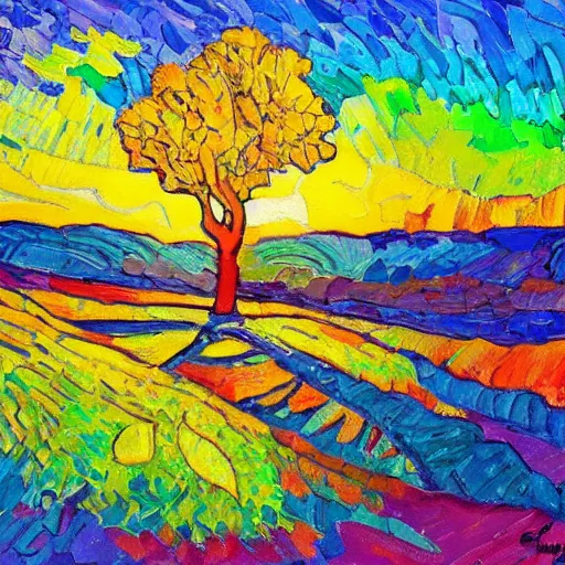 Prompt: a painting of a tree in the sunset, a gouache by Erin Hanson, deviantart, neo-fauvism, fauvism, impressionism, vivid colors