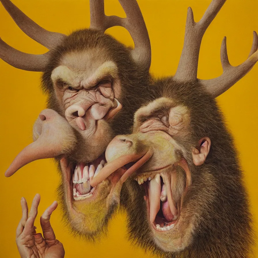 Image similar to hyper realistic portrait painting by chuck close, studio lighting, brightly lit yellow room, an ape with antlers laughing with a giant rabbit clown