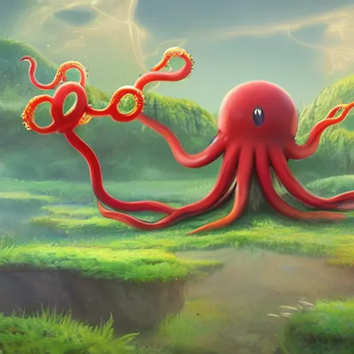 Image similar to a cute beautiful plant type pokemon with beautiful happy smile, red tentacles bursting out of his hair, full body portrait, highly detailed digital art, 3 d perspective, award - winning illustration, aesthetic, smooth, pokemon style, made by greg rutkowski, with an alien landscape in the background