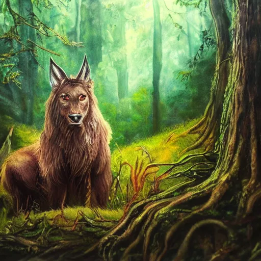 Image similar to A majestic forest creature is staring at the camera, very detailed, cinematic, epic painting in the style of Lord of the Rings