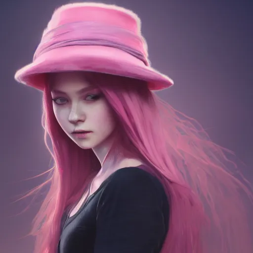 Prompt: a photorealistic dramatic fantasy render of a pink coloured haired young girl with a black wool hat on her head by wlop, artgerm, greg rutkowski, alphonse mucha, beautiful dynamic dramatic dark moody lighting, shadows, cinematic atmosphere, artstation, concept design art, octane render, 8 k