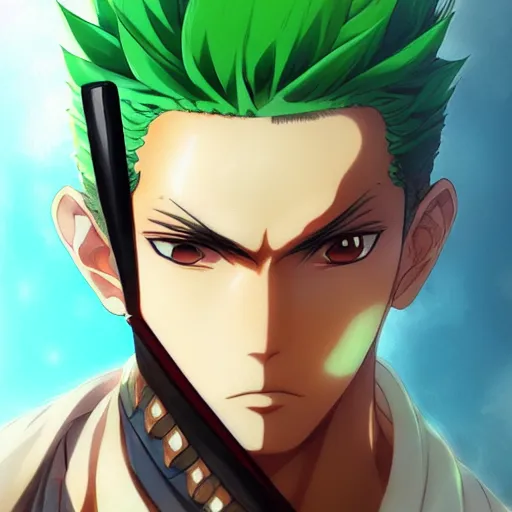 Image similar to anime portrait of Roronoa Zoro as an anime boy by Stanley Artgerm Lau, WLOP, Rossdraws, James Jean, Andrei Riabovitchev, Marc Simonetti, and Sakimichan, trending on artstation