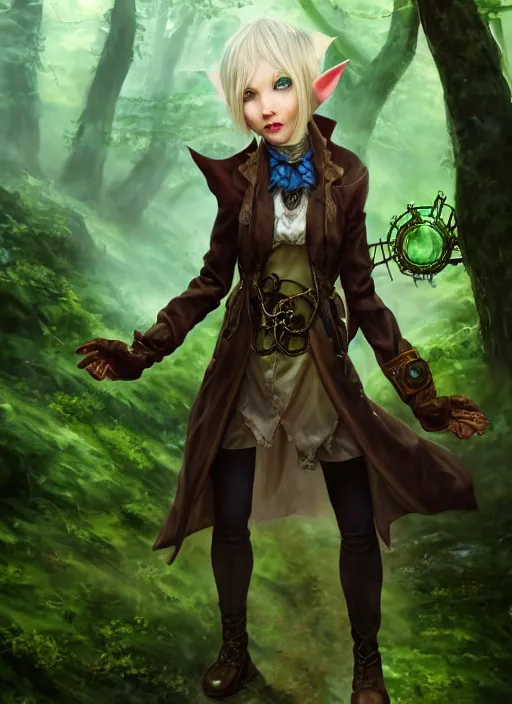 Prompt: character portrait of young female elf in the woods, fisting monk, massive steampunk hands, blue skintight closed longcoat, brown bob haircut, green eyes, white skin, high fantasy, steampunk, akihiko yoshida, james jean andrei riabovitchev marc _ simonetti, yoshitaka amano