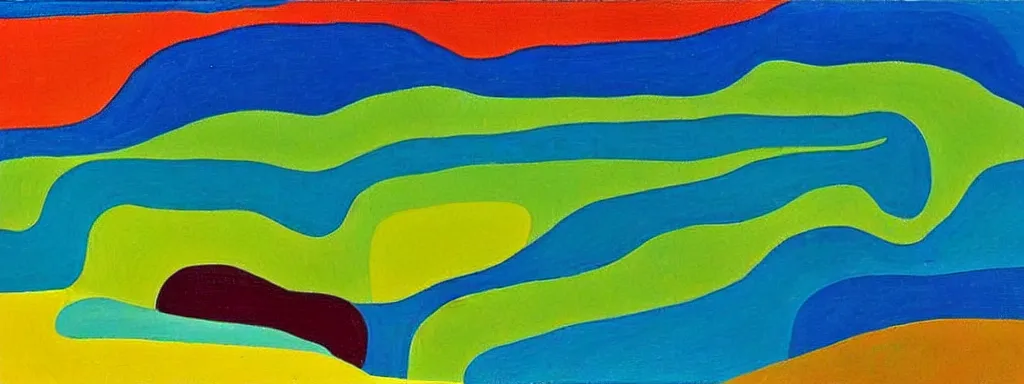 Image similar to Psychedelic sci-fi dreamworld. Landscape painting. Organic. Winding rushing water. Waves. Clouds. Landscape by Alex Katz. Wayne Thiebaud. Paul Klee. David Hockney.