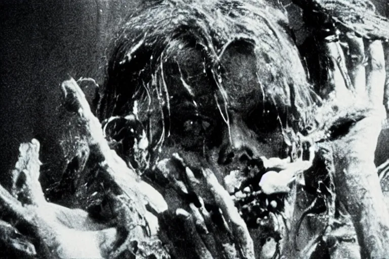 Image similar to forgotten vhs footage of experimental movie blood horror practical zombie lovecraftian fx by david cronenberg and john carpenter 1 9 7 0, faded film grain, muted color