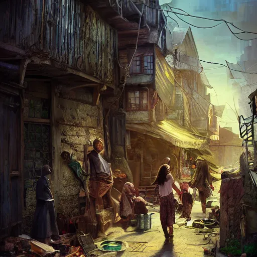 slum neighborhood in lord of the ring world, fantasy, | Stable Diffusion