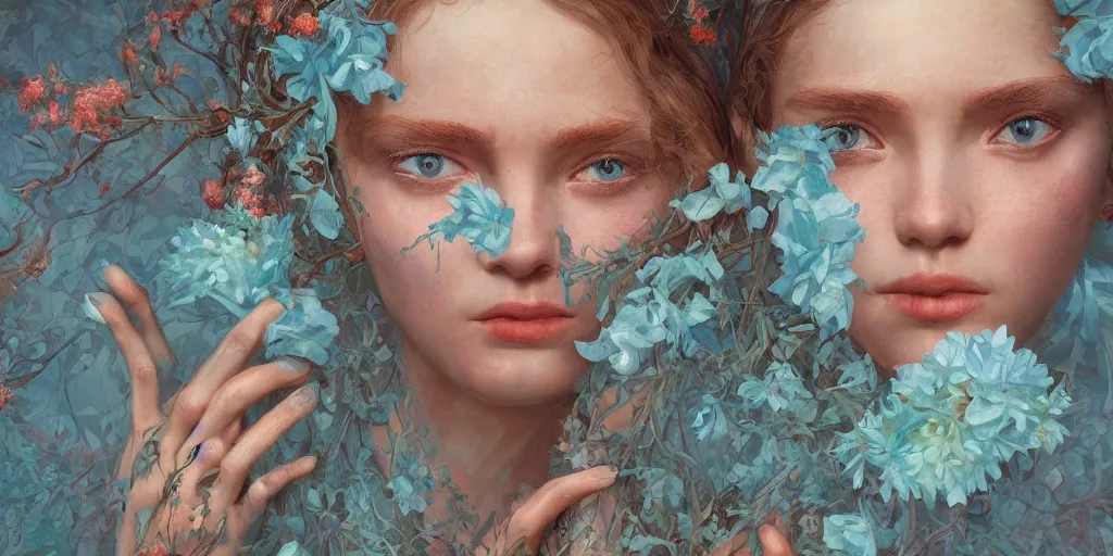 Prompt: breathtaking detailed concept art painting portrait of the hugs goddess of light blue flowers, carroty hair, orthodox saint, with anxious piercing eyes, ornate background, amalgamation of leaves and flowers, by hsiao - ron cheng, extremely moody lighting, 8 k