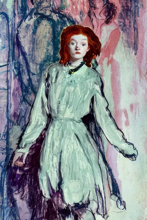 Image similar to portrait of sadie sink as delirium of the endless, the sandman by walter sickert, john singer sargent, and william open