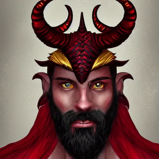 Image similar to dnd style portrait of a tiefling, male, red scales, red skin, a big black beard, completely golden eyes, 2 black ram horns growing out of his forehead,