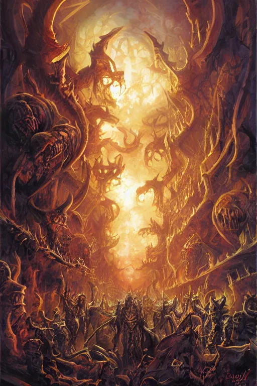 Prompt: the neverending halls of hell, artwork by Ralph Horsley