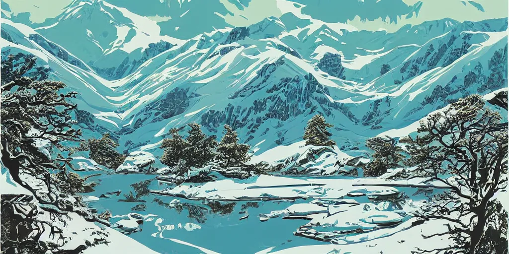 Image similar to beautiful idyllic poster illustration for a craggy barren icy snow valley national park by ludwig hohlwein