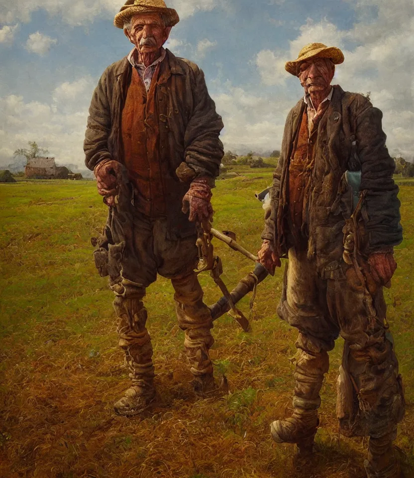 Image similar to a detailed painting portrait of a rugged old potato farmer standing proudly in his field by moebius. vivid colours fantasy. baroque elements. baroque element. oil painting. oil on canvas. award winning. dramatic. trending on artstation. 8 k