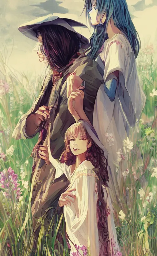 Image similar to bestselling movie poster, official media,a cinematic beautiful closeup moment of lovers saying goodbye wearing boho poncho and sunhat with hyacinths, full body portrait and simple form, brutal shapes, shaman, pixiv, 1970s fashion, official anime media, cinematic lighting, artstation consept artwork by doja cat, charlie bowater, waterhouse, ,greg rutkowski, wong kar wai