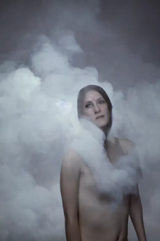 Image similar to 4k Detailed portrait by Gregory Crewdson of A woman shrouded in a cloud of smoke