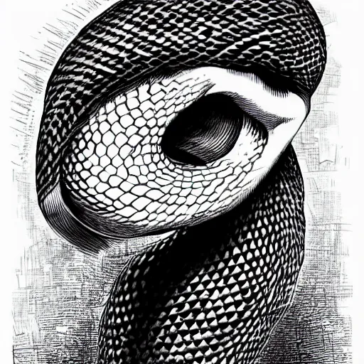 Image similar to a snake with a human face, kentaro miura art style