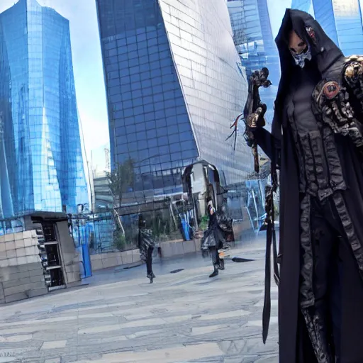 Image similar to dark wizard character from mu online webzen, staying at costanera center in santiago de chile, cyberpunk style