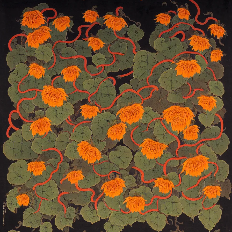 Prompt: nepalese thangka about withered sunflowers and dry nasturtiums with vines, dark tones, moody, night, moonlight