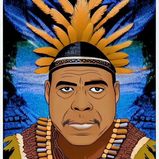 Image similar to james earl jones from zamunda as mayan shaman in apocalypto manga style 4 k illustration